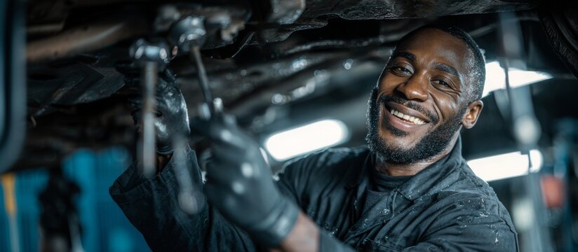 Auto mechanic African American immigrant works on a car's undercarriage, using a wrench and wearing gloves. He smiles while focused on the task in auto shop. Emigration to another country. Copy space - Powered by Adobe
