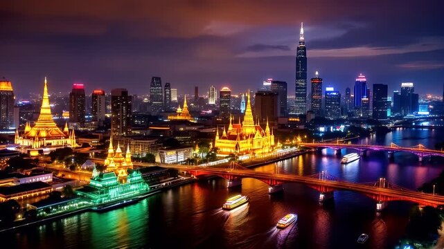 Bangkok Nightscape: Illuminated Cityscape, River Cruise, and Modern Skyline Aerial View