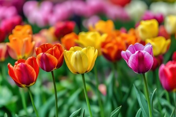Fototapeta premium Vibrant Tulip Bed in Full Bloom Capturing the Essence of Spring