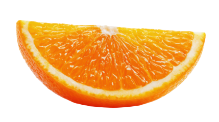 Fresh orange slice with vibrant color, isolated on white background.