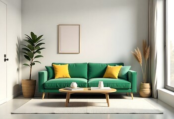 Generative AI: Modern Living Room Interior Design with Emerald Green Sofa and Decor