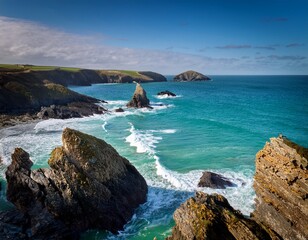 rock formations and ocean waves at porthcothan bay shoreline cornwall landscape seascape open water
