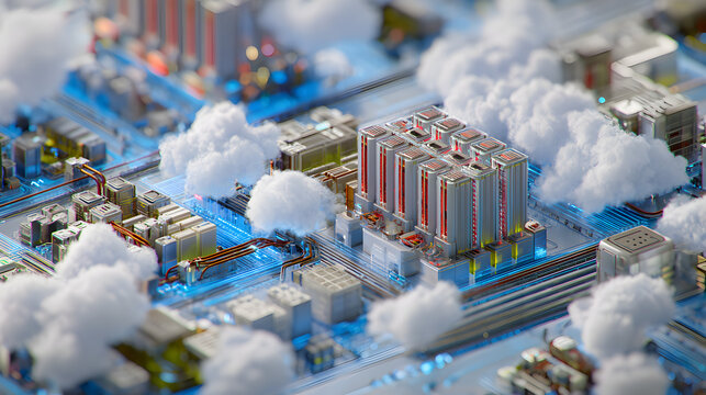 Aerial view of a miniature city with clouds and server racks on a blue circuit board background