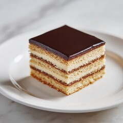 Layered pastry dessert piece served indoors on marble surface for recipe blog