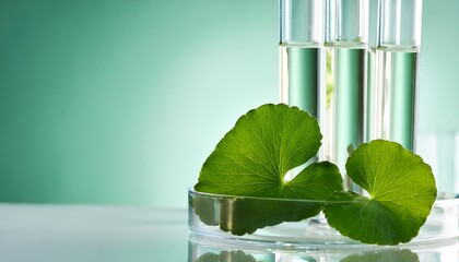 centella asiatica leaves in test tubes for cica skincare and cosmetic ingredients raw graphic photos cosmetics advertising materials