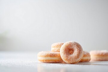 Sugared donuts on a white table. Sweet pastry dessert with powdered sugar. Homemade baked food for breakfast or snack.