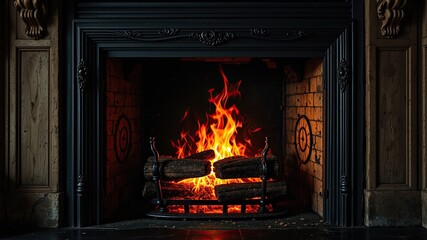 Old Fireplace with Dancing Red and Yellow Flames