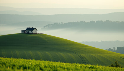 Naklejka premium Green hill with small house on top surrounded by misty layered forest hills in background creating peaceful rural landscape