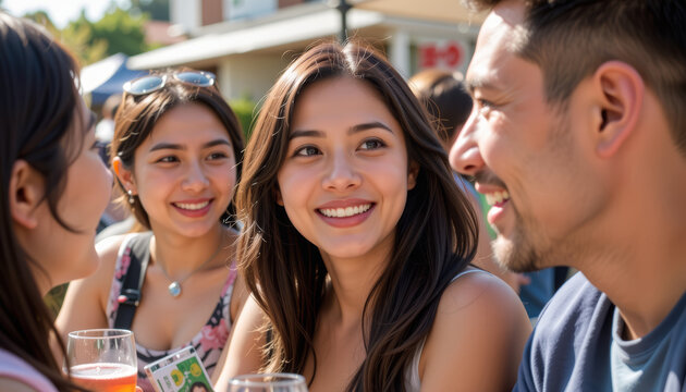 Young woman smiling with friends enjoying outdoor social gathering in sunny day with drinks and happy expression - Powered by Adobe