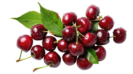 Fresh red cherries with green leaves, white isolate background.