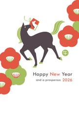 2026年午年デザイン　馬のシルエットと椿　縦