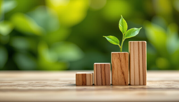 Wooden blocks arranged in ascending order with green plant sprouting from tallest block, symbolizing growth and progress