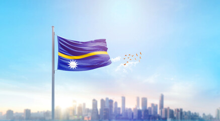 Nauru national flag waving with skyline and buildings. Nauru national flag for independence day.