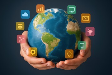 Global Technology and Connectivity: Hands Holding Earth with Digital Icons Representing Worldwide Network