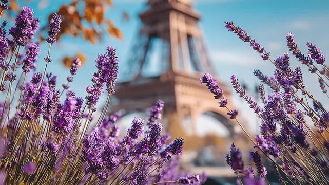 Lavender blooms frame the Eiffel Tower in springtime Paris, showcasing natural beauty and iconic architecture