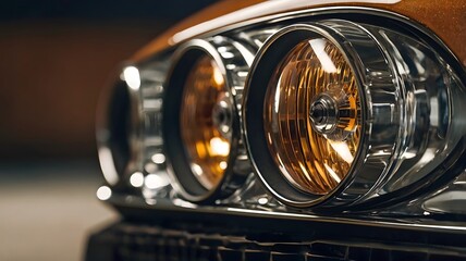 High-Resolution Macro of Dual Classic Round Car Headlights with Amber Reflectors and Polished Chrome Surrounds on Retro Vehicle Front Fascia, Capturing Timeless Automotive Styling