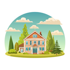 Cozy family home with trees and clouds cartoon illustration peaceful suburban residence property ownership outdoors architecture