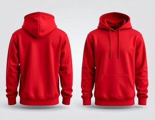 Realistic red hoodie template shown from front and back. Clean, isolated apparel mockup for fashion and clothing design.