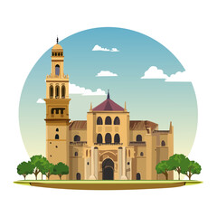 Historic Landmark Illustration Spanish Architecture Church Cathedral Tower Graphic Style