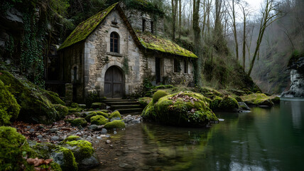 Secluded Stone Chapel Nestled Beside a Tranquil River in a Dark Forest