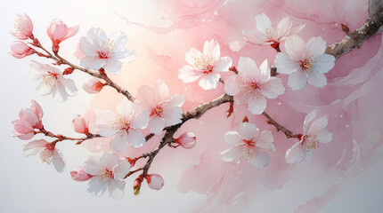 Fototapeta premium watercolor painting of pink cherry blossom petals blooming gently with pastel tones on white background surface floral botanical illustration for spring card design template