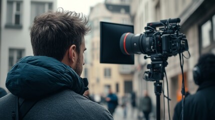 Boom mic on film set, above actor in close conversation, professional audio setup