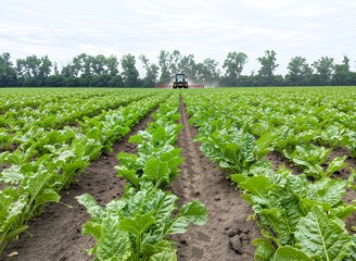 Inter-row cultivation of sugar beets provides them with better conditions for growth. A tractor working in the field loosens the soil, destroys weeds, and improves moisture and air access to the plant