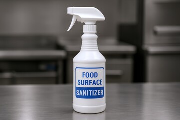 White food surface sanitizer bottle on stainless steel kitchen counter