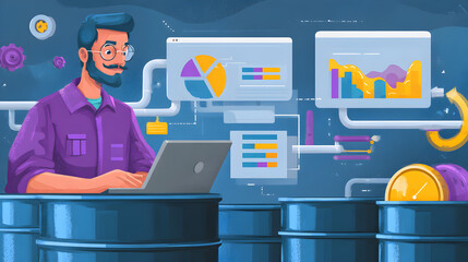 Man with laptop analyzing data charts and graphs on barrels in a cartoon style illustration