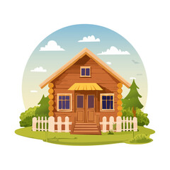 Naklejka premium Cozy wooden cabin in nature illustration. Simple cartoon log house on green field with fence and trees. Rustic home backdrop.