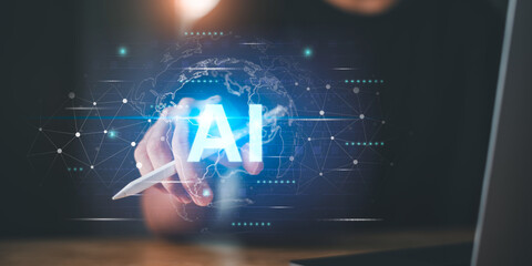 pointing glowing AI text and a digital network overlay, symbolizing artificial intelligence, machine learning, and advanced technology in global innovation and data analysis.