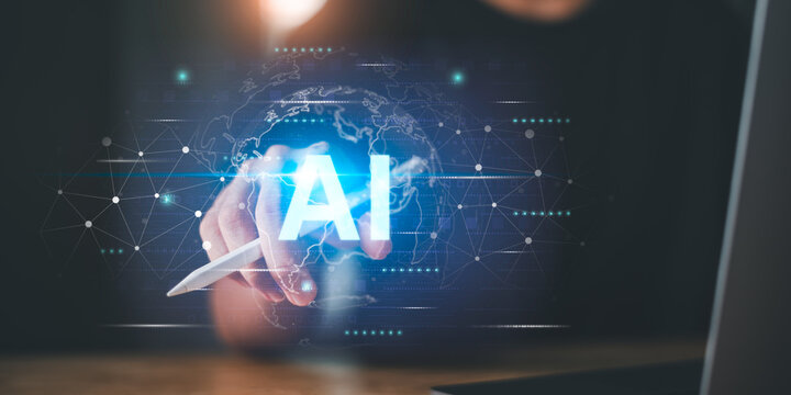pointing glowing AI text and a digital network overlay, symbolizing artificial intelligence, machine learning, and advanced technology in global innovation and data analysis.