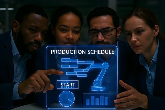 A diverse team of engineers analyzes a production schedule on a futuristic touch screen interface in a modern factory, focusing on robotic automation and efficiency