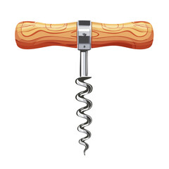 Wine opener illustration with wooden handle and steel spiral on black background. Kitchen accessory for opening bottles.