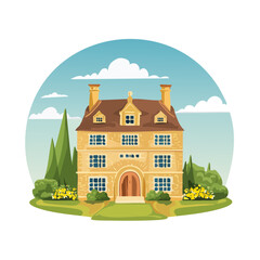 Fototapeta premium Charming Country House Illustration Surrounded by Nature on Circular Background