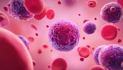 Microscopic view of various cells, including larger, purple cells amidst smaller red blood cells