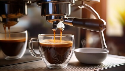 a coffee machine is brewing espresso into a glass cup on a drip tray morning beverage preparation coffee aroma routine start
