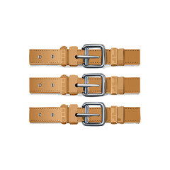 Illustration of three tan leather belts with silver buckles, isolated on black.