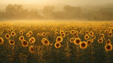 Obraz premium Sunlit Sunflower Field at Sunrise, Misty Landscape