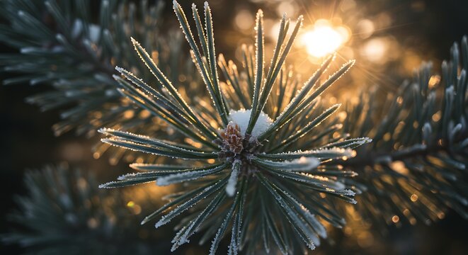 A close-up view of a frosted pine branch with its needles covered in snow, backlit by the warm morning sun during a cold winter day. - Powered by Adobe