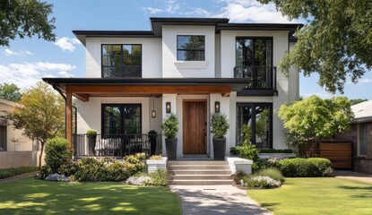 Obraz premium Modern white house, suburban street, sunny day, landscaped yard, real estate listing