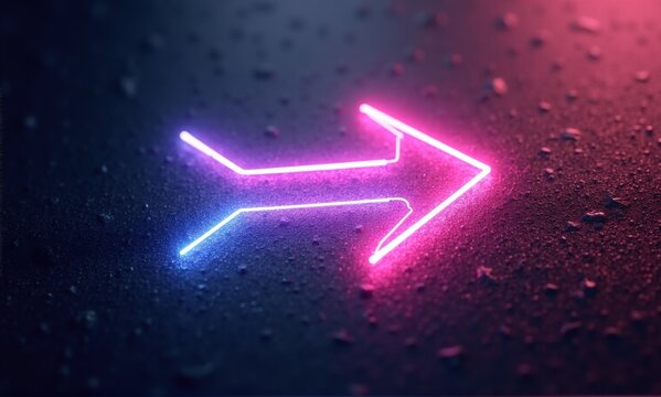A sleek neon arrow with a captivating blue to pink gradient glows brightly on a dark, wet, textured surface, indicating direction. - Powered by Adobe
