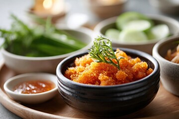 Unique ant eggs served in a bowl with fresh vegetables and flavorful dipping sauces for a delightful culinary experience