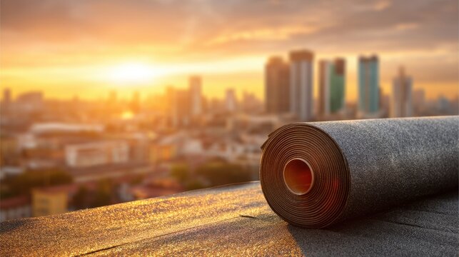 Roll of bituminous waterproofing material for roof repair or installation at sunset over city, architecture and construction industry concept.