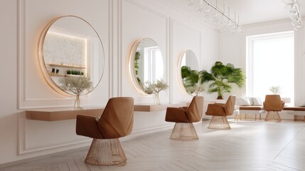 Empty beauty salon interior with modern chairs and round mirrors. Bright luxurious barbershop or spa treatment room design.