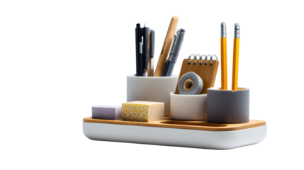 Office supplies arranged in a modern organizer on a white background.