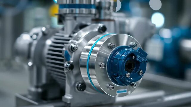 High precision stainless steel liquid transfer pump with asynchronous electric motor in modern industrial facility, metallic silver and blue tones, cinematic close-up video background for engineering 