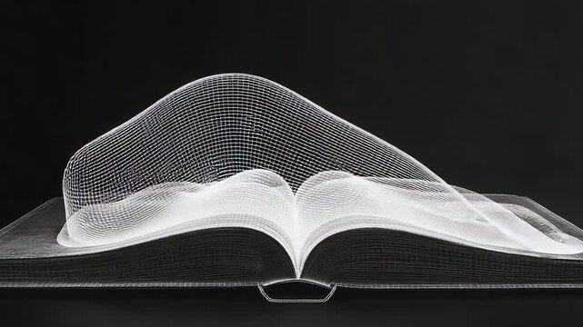 Open wireframe book emitting light waves on black background