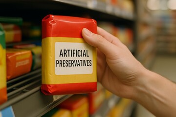 Hand holding packaged food item with artificial preservatives label