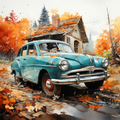 Watercolor vintage car in the village. AI generative.